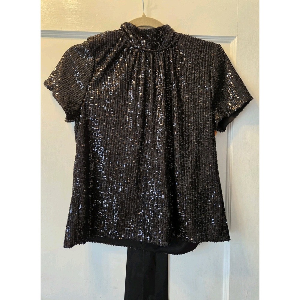 CeCe Womens Black Sequin Top  with Back Bow Mock Neck Short Sleeve Medium